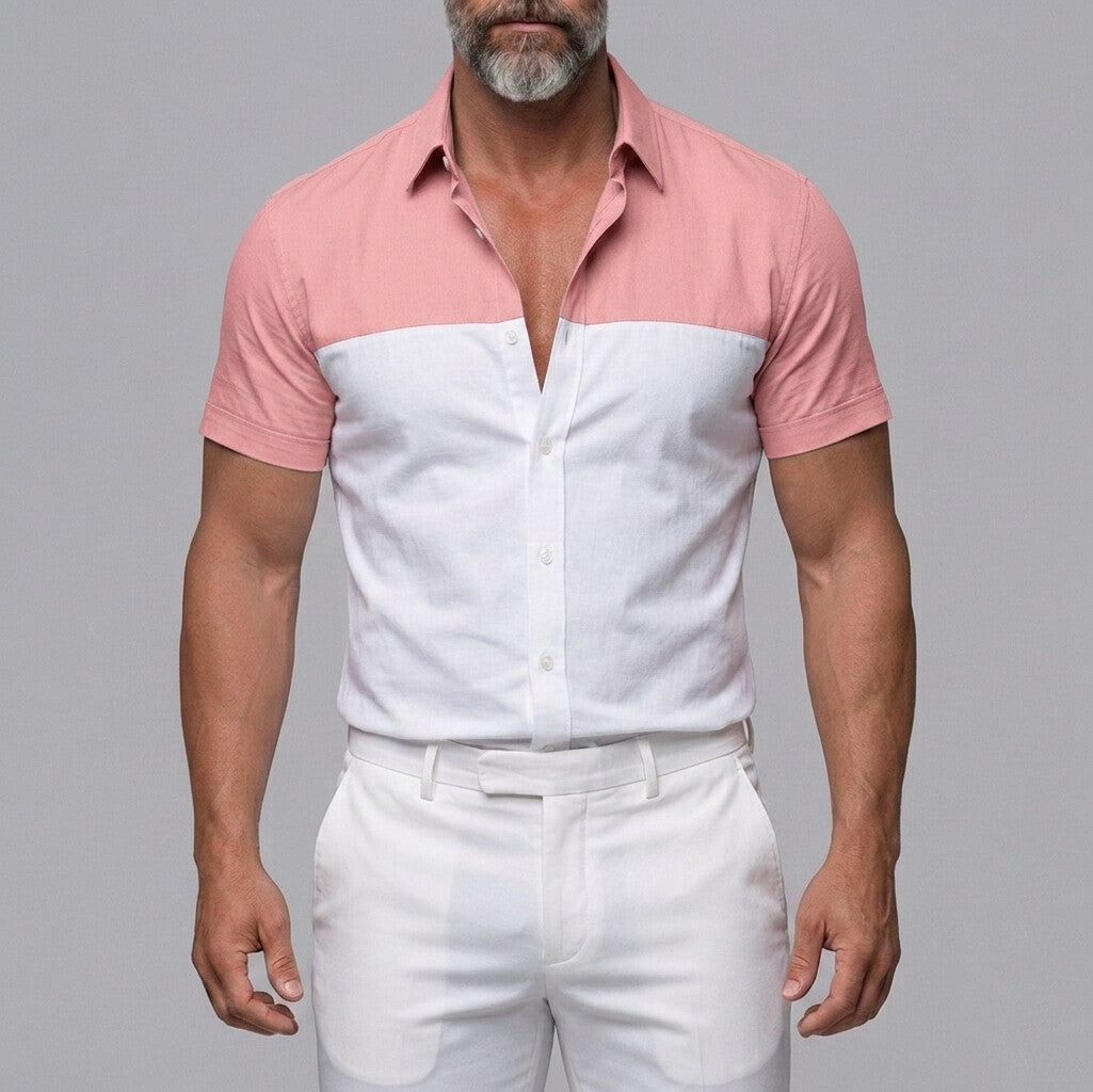 Men's Casual Colorblock Single Breasted Slim Fit Short Sleeve Shirt