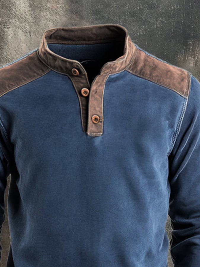Men's Retro Stitching Contrast Color Henley Collar Casual Long Sleeve Sweatshirt