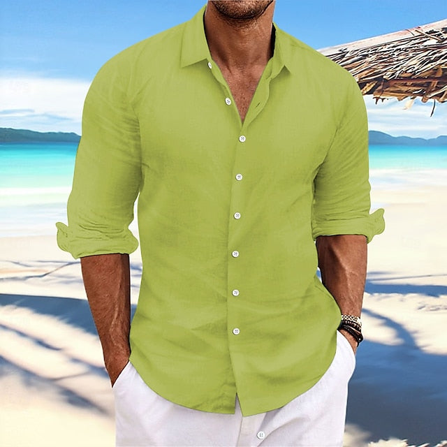 Men's Linen Shirt Summer Shirt Beach Wear Casual Shirt Button Up Shirt Plain Casual Daily Light Yellow White Pink Dark Navy Long-Sleeve Spring & Summer Clothing Apparel