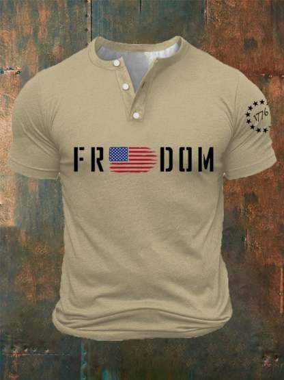 Men's Freedom1776 American Flag Independence Day Buttons Neck Top