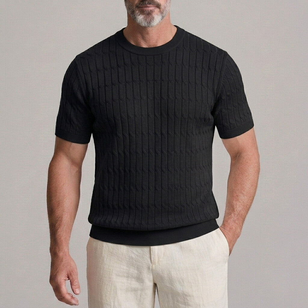 Men's Solid Color Ribbed Crew Neck Cable Knit Slim Fit T-Shirt