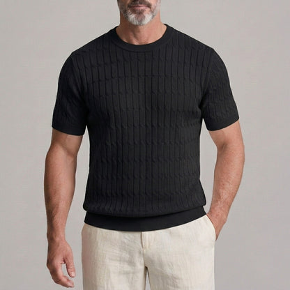 Men's Solid Color Ribbed Crew Neck Cable Knit Slim Fit T-Shirt