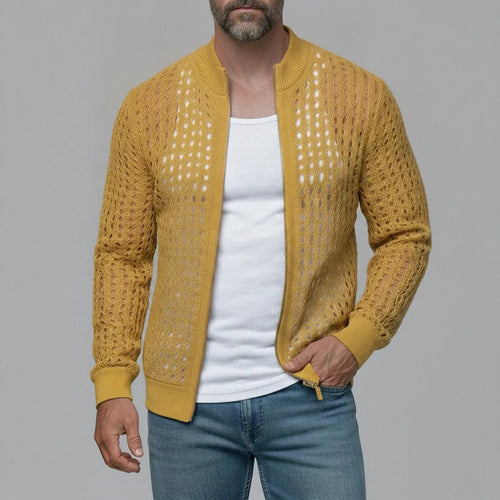 Men's Mustard Yellow Stand Collar Hollow Out Knitted Zip-Up Cardigan