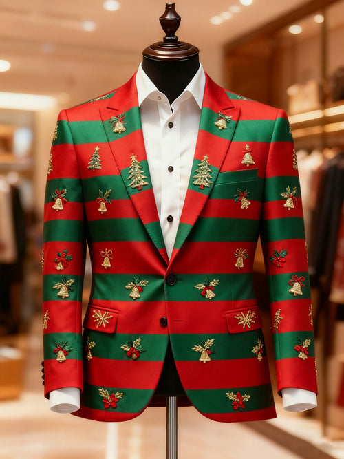 Men's Business Casual Large Pocket Notch Lapel Print Christmas Blazers