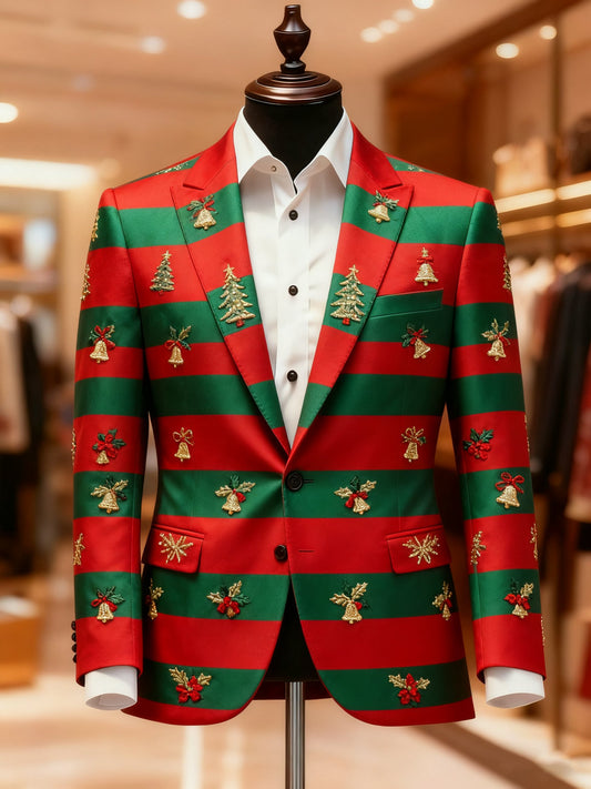 Men's Business Casual Large Pocket Notch Lapel Print Christmas Blazers