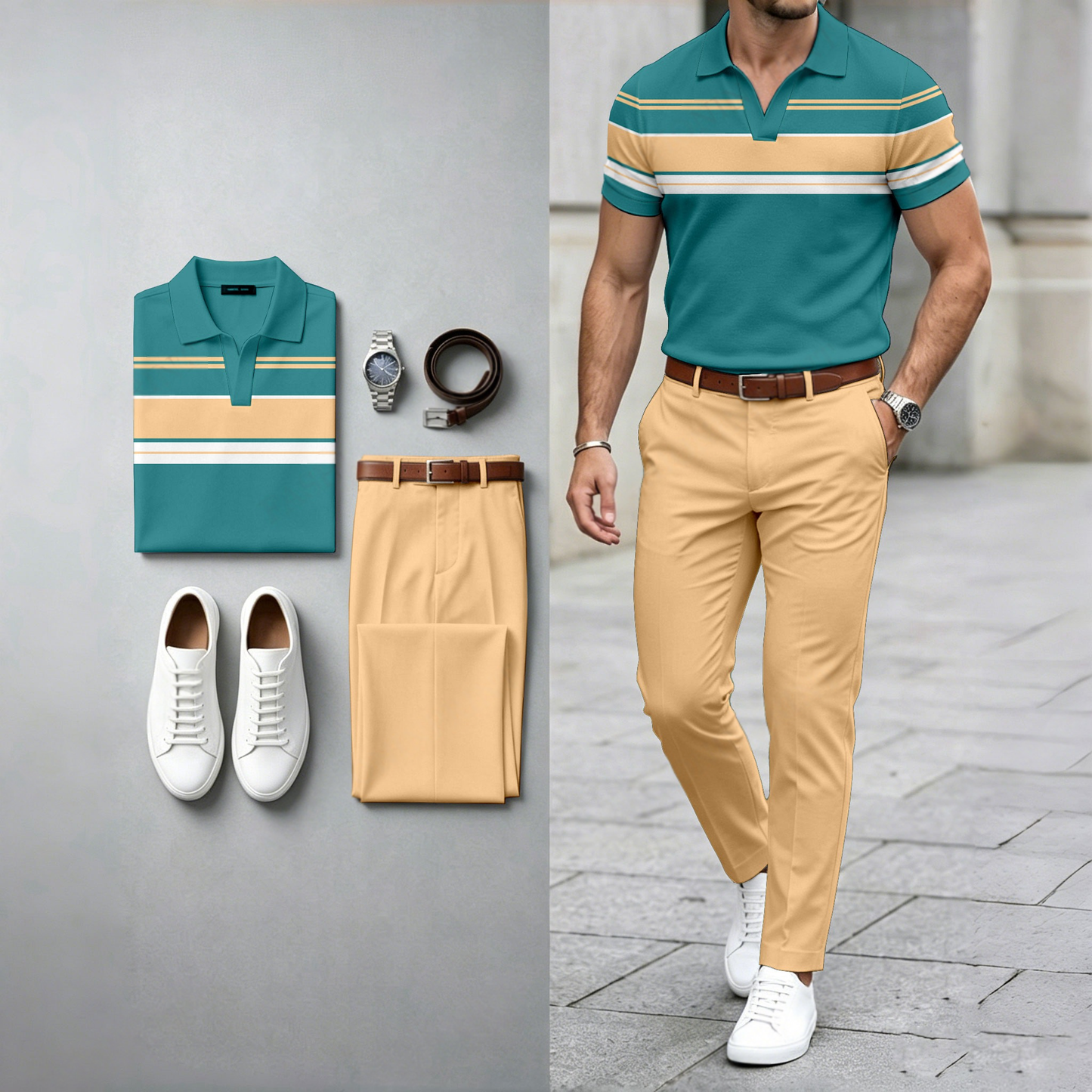 Men's Casual Horizontal Striped Two-Tone Print Short-Sleeve Polo Shirt And Pants Set (Watch And Belt Not Included)
