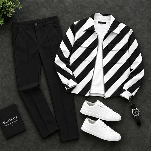Men's Diagonal-Striped Two-Piece Set with Double-Pocket Jacket and Pants