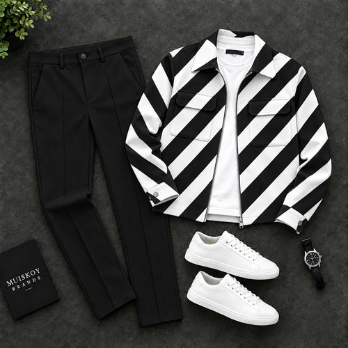 Men's Diagonal-Striped Two-Piece Set with Double-Pocket Jacket and Pants