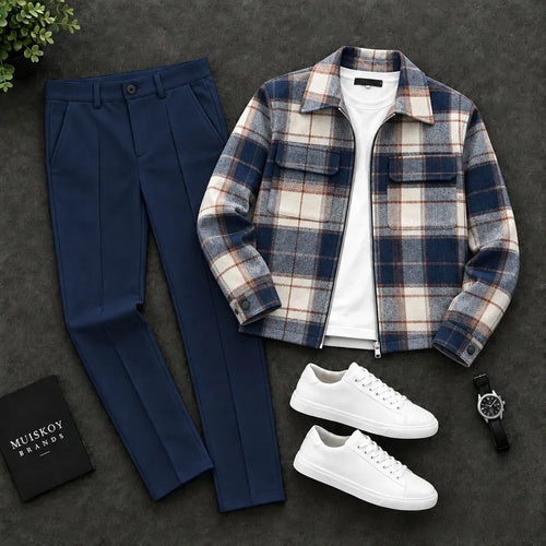 Men's Checkered Two-Piece Set with Double-Pocket Jacket and Pants