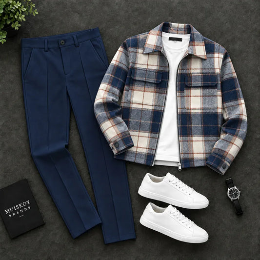 Men's Checkered Two-Piece Set with Double-Pocket Jacket and Pants