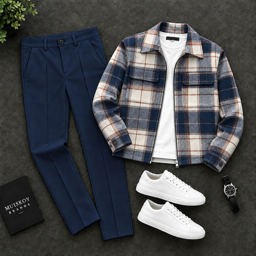 Men's Checkered Two-Piece Set with Double-Pocket Jacket and Pants
