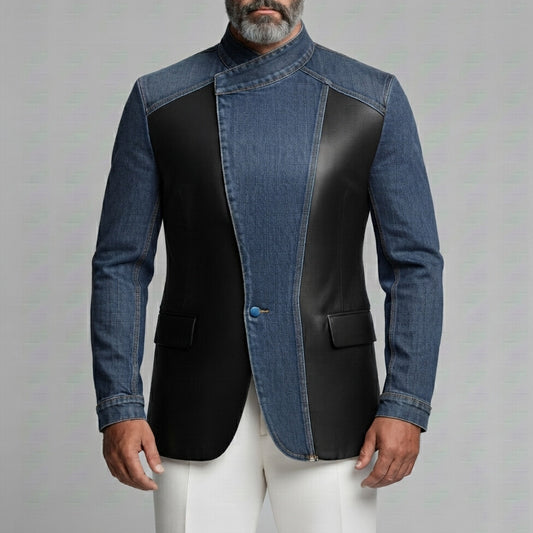 Men's Denim PU Leather Patchwork Colorblock Stand Collar Slim Fit Wrap Jacket