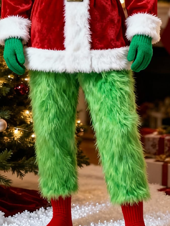 Men'S Warm Plush Patchwork Contrast Color Christmas Suit