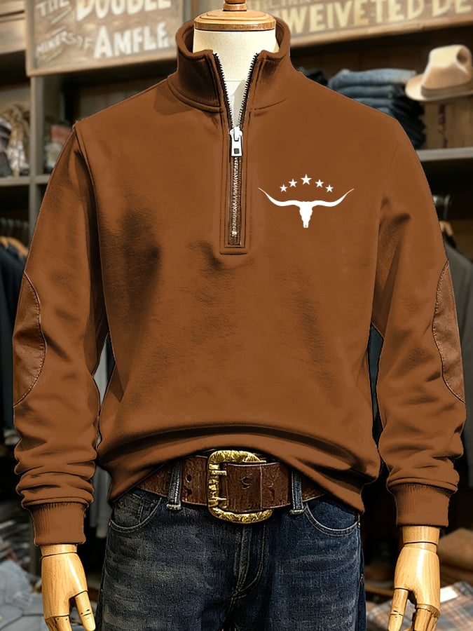 Men's Retro Western Cow Head Print Casual Zipper Sweatshirt