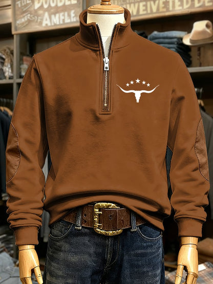 Men's Retro Western Cow Head Print Casual Zipper Sweatshirt