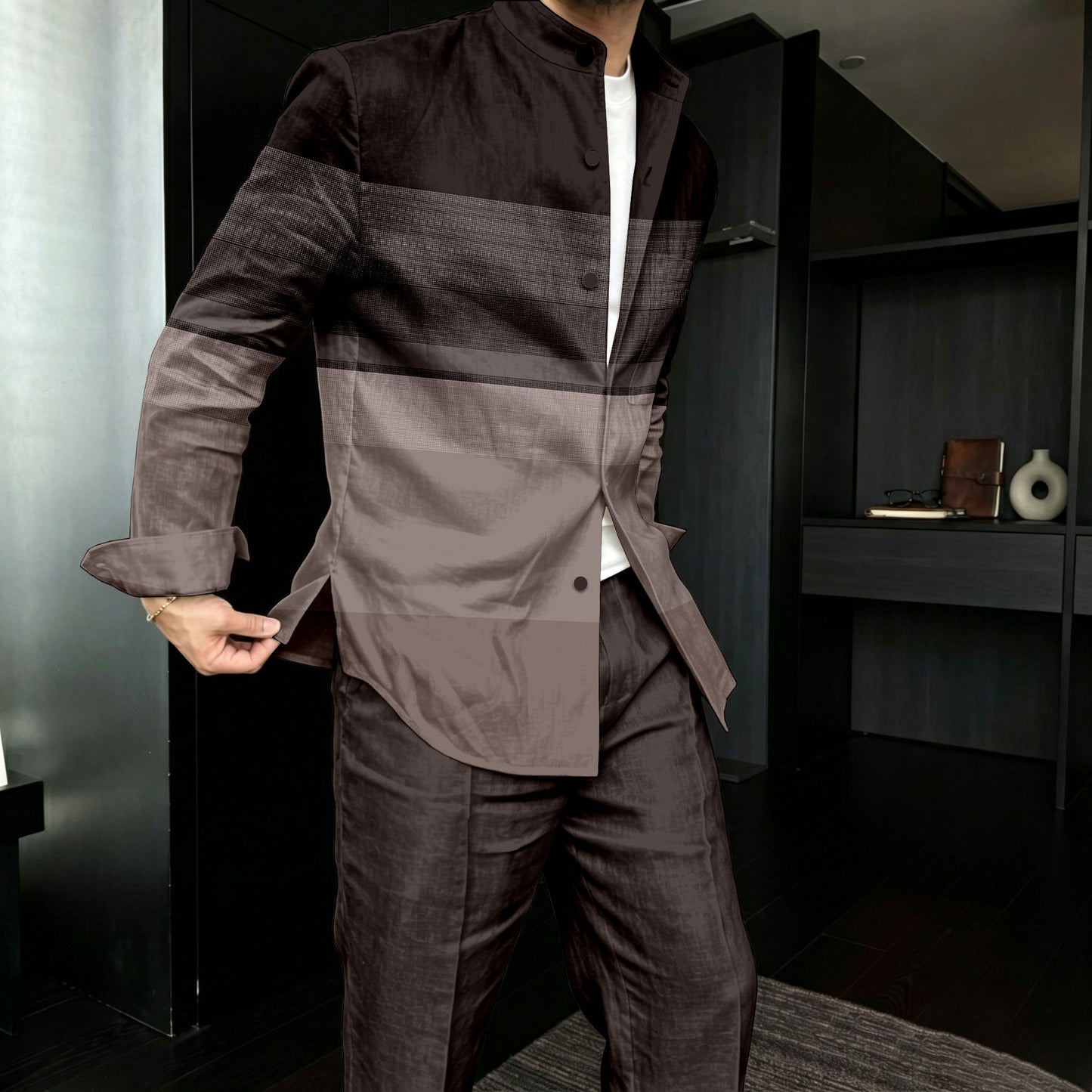 Men's Casual Black-and-Gray Block-Print Stand-Collar Long-Sleeve Shirt and Pants Two-Piece Set