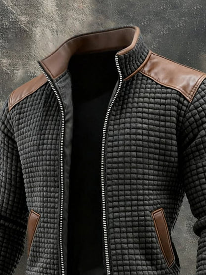 Men's Retro Textured Paneled Leather Outdoor Jacket