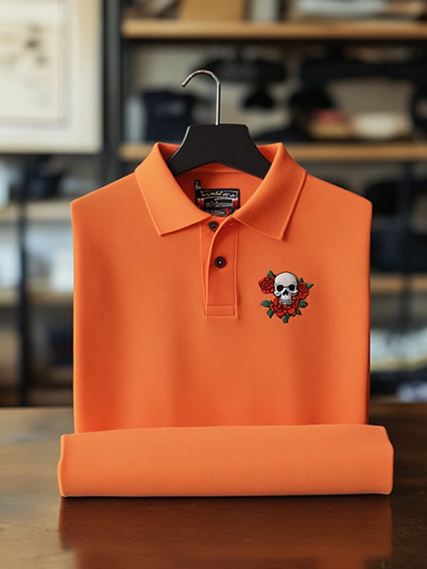 Men's Classic Business Skull Rose Logo Short Sleeve Polo Shirt