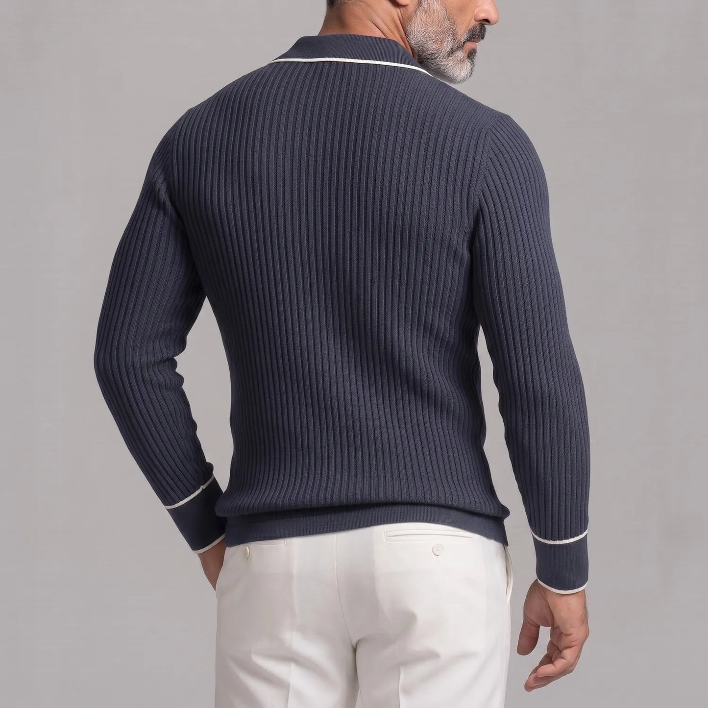 Men's Ribbed Knit Contrast Piping Chest Pockets Slim Fit Long Sleeve Polo Shirt