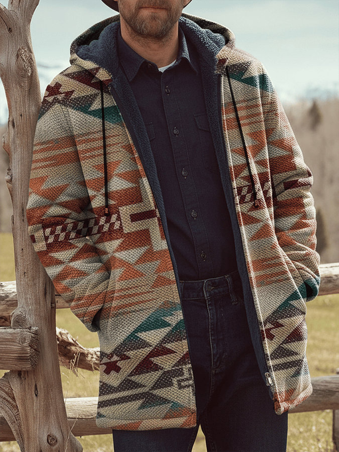 Men's Western Aztec Print Plush Long Sleeve Cardigan Jacket
