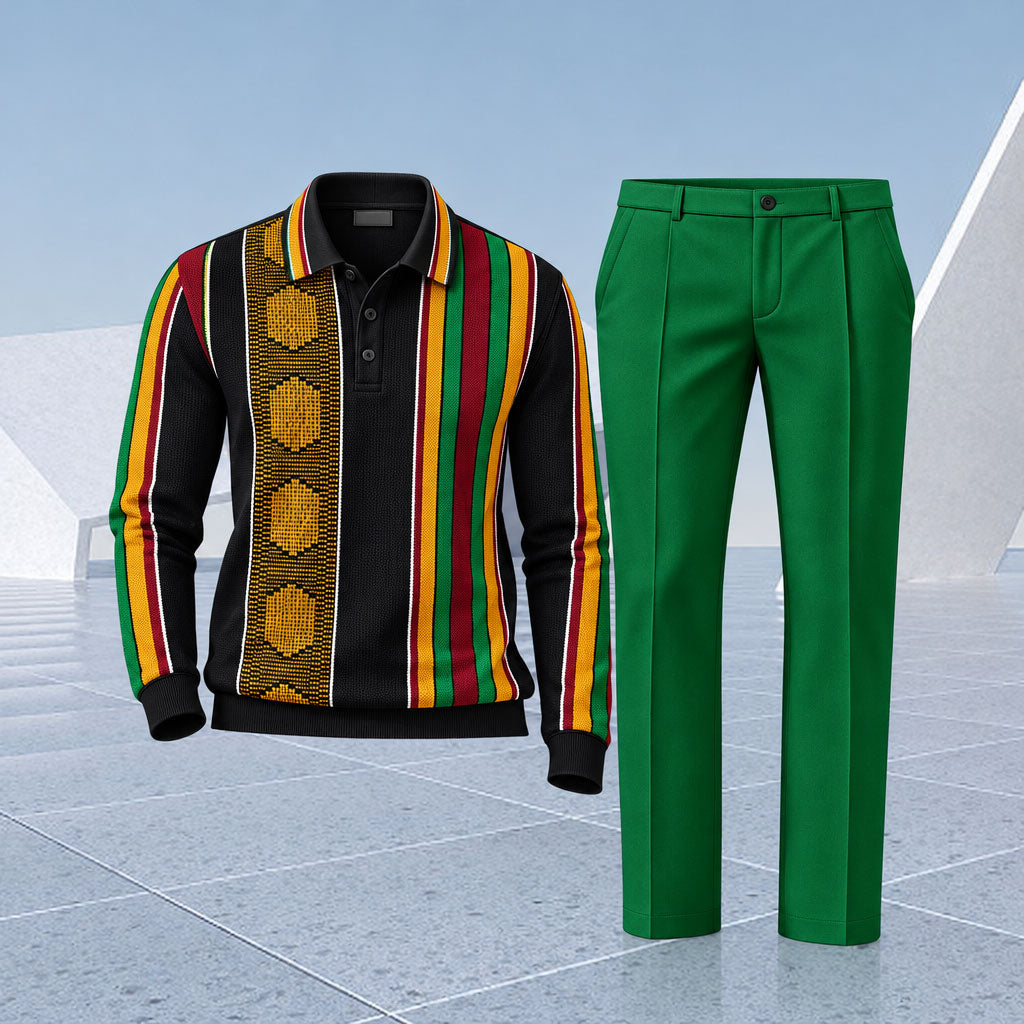 Men's Colorful Striped Polo Shirt and Pants Two-Piece Set