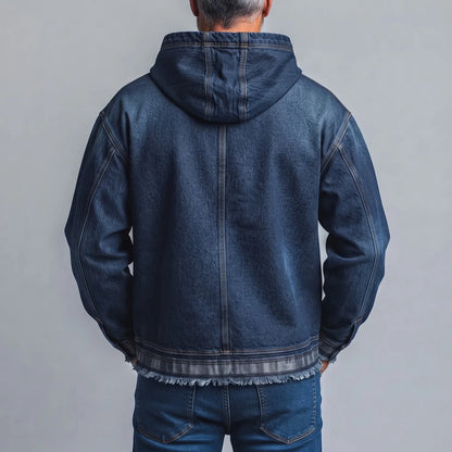 Men's Dark Blue Chest Pocket Frayed Hem Drawstring Pullover Denim Hoodie