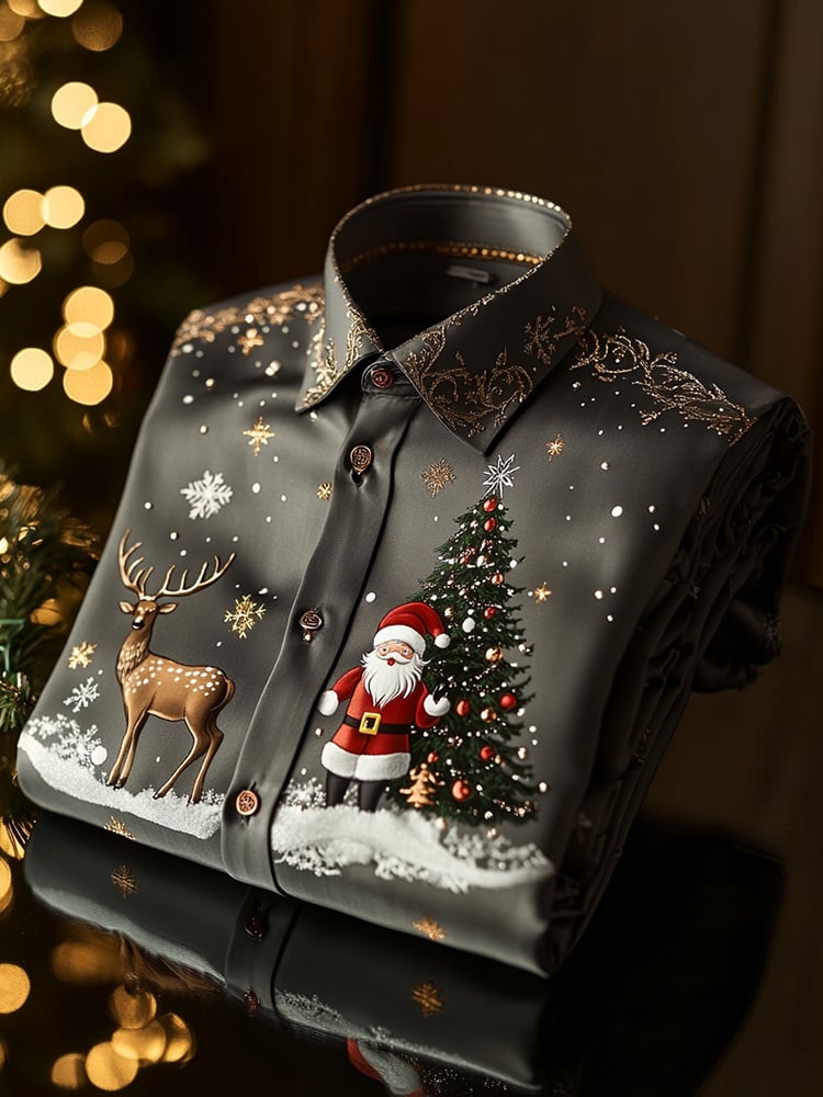 Men's Christmas Satin Luxe Long Sleeve Button Down Shirt