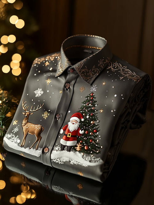 Men's Christmas Satin Luxe Long Sleeve Button Down Shirt