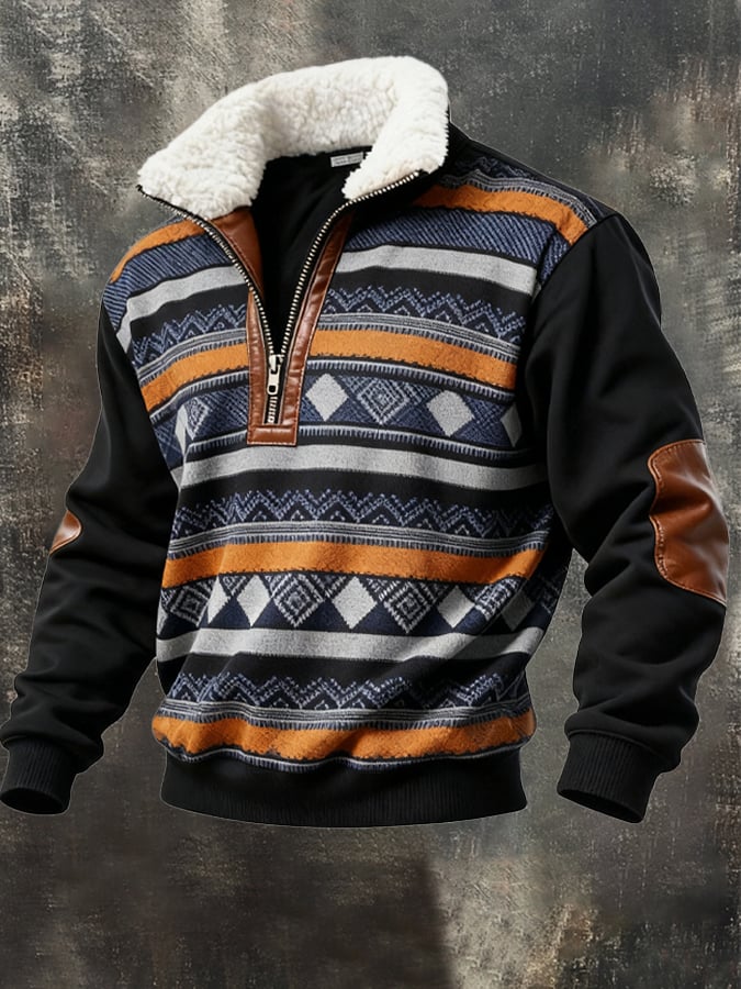 Men's Retro Color Block Print Casual Fur Collar Long Sleeve Sweatshirt