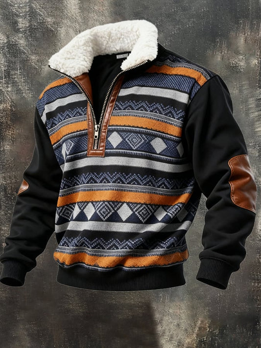 Men's Retro Color Block Print Casual Fur Collar Long Sleeve Sweatshirt