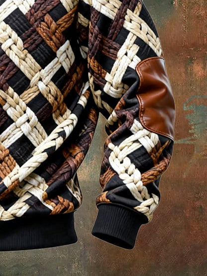 Men's Retro Color Block Print Casual Fur Collar Long Sleeve Sweatshirt