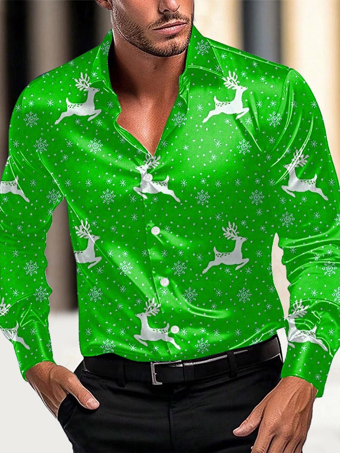 Men's Luxury Christmas Contrast Color Print Long Sleeve Shirt