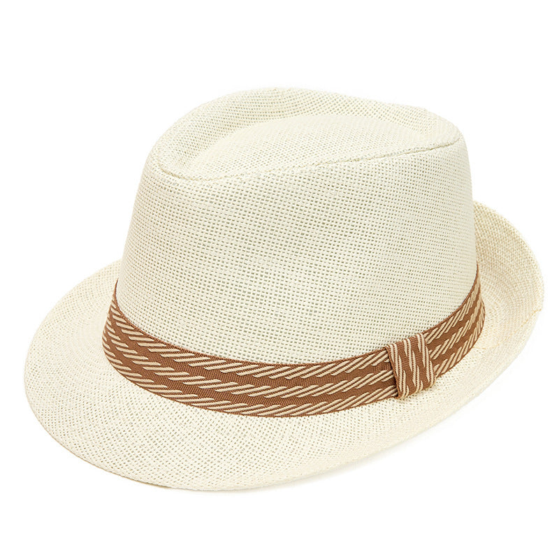 Men's Retro Stripe Decor Short-Brim Sun Protection Straw Hat