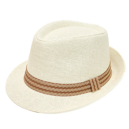 Men's Retro Stripe Decor Short-Brim Sun Protection Straw Hat