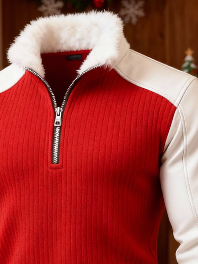 Men's Warm Knitted Leather Color-Blocked Christmas Hooded Sweatshirt