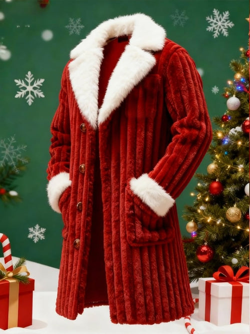 Men's Casual 3D Textured Plush Fabric Warm Christmas Long Coat