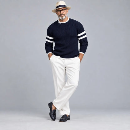 Men's Black Contrast Stripes Ribbed Knit Crew Neck Casual Pullover Sweater