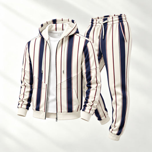 Men's Striped Print Hooded Cardigan and Sweatpants Set