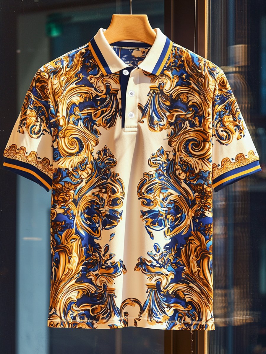 Men's Business Casual Baroque Art Button Short Sleeve Polo Shirt