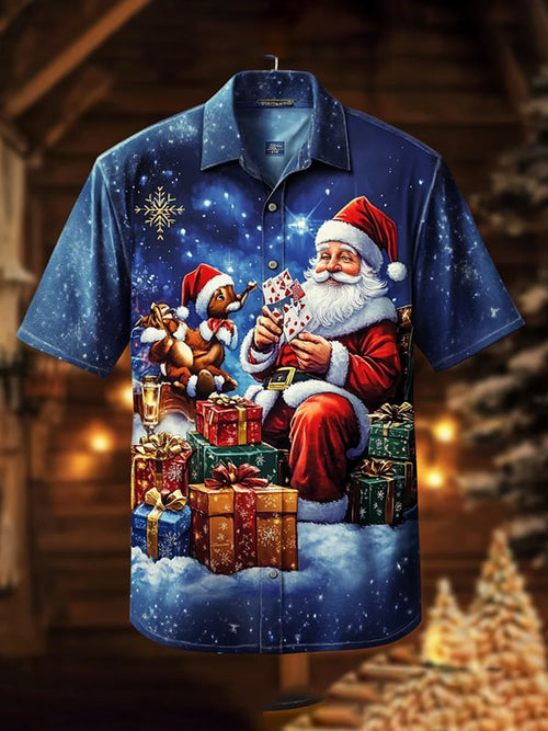 Men's Vintage Christmas Belle Print Lapel Shirt