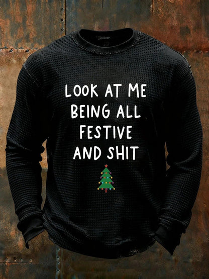 Men's Christmas Printed Design Waffle Fabric Long Sleeve T-Shirt