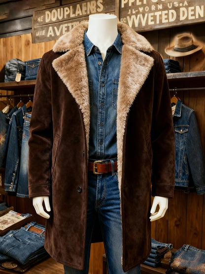 Men's Vintage Suede Fur Collar Warm Mid-Length Jacket