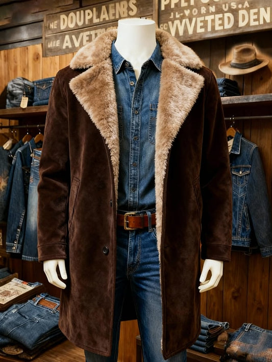 Men's Vintage Suede Fur Collar Warm Mid-Length Jacket