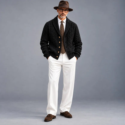 Men's Solid Color Cable Knit Shawl Lapel Single Breasted Knitted Cardigan