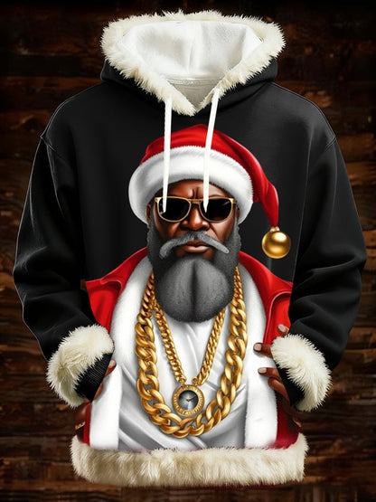 Men's Black Santa Claus Print Furry Hooded Top