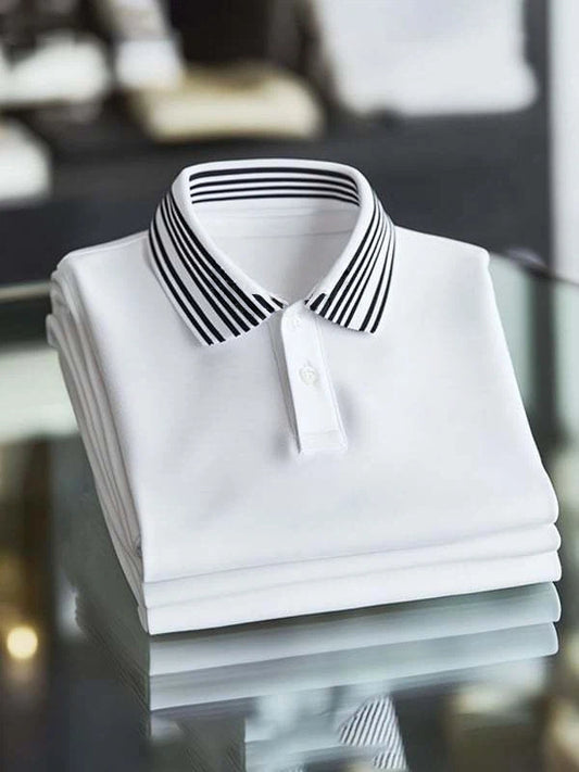 Men's Business Stripe Logo Print Short Sleeve Polo Shirt