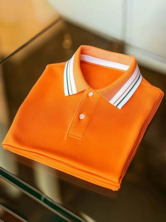 Men's Business Stripe Logo Print Short Sleeve Polo Shirt