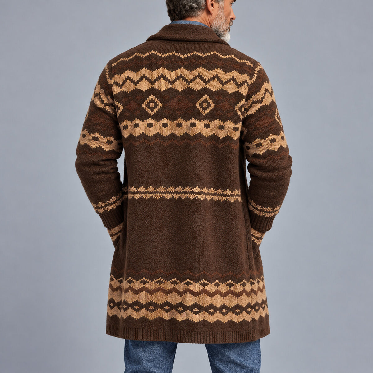 Men's Coffee Aztec Geometric Pattern Shawl Lapel Single Breasted Knitted Longline Cardigan