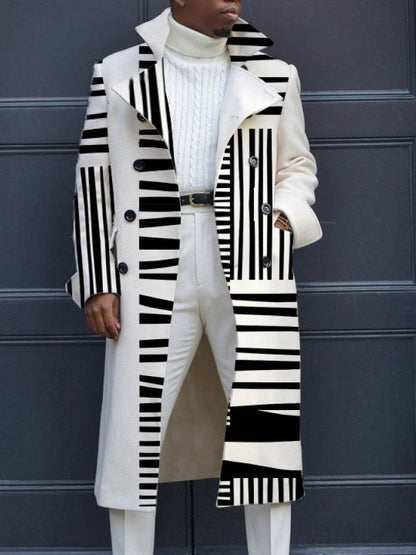 Men's Fashion Geometric Print Double Breasted Casual Windbreaker Coat