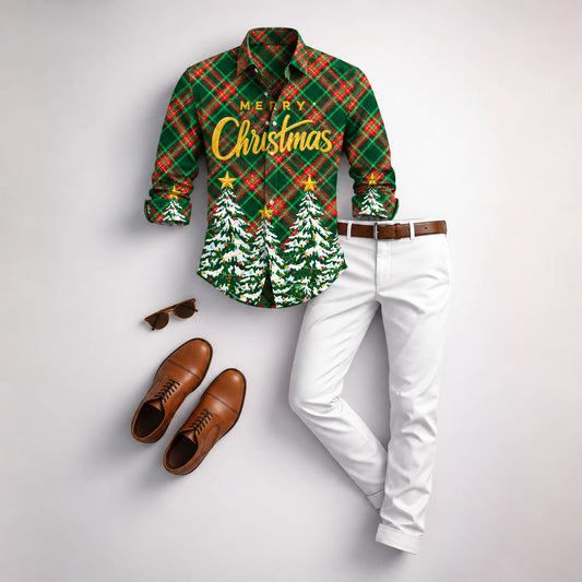 Men's Christmas Tree Print Long-Sleeve Shirt and Pants Set